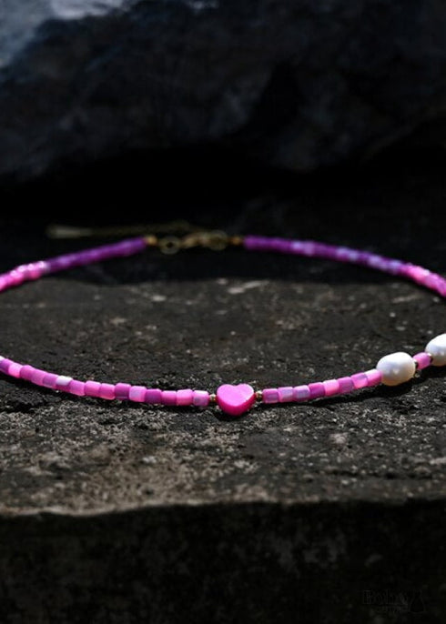 Boho Necklace, Seed Bead Choker, Pearl Heart